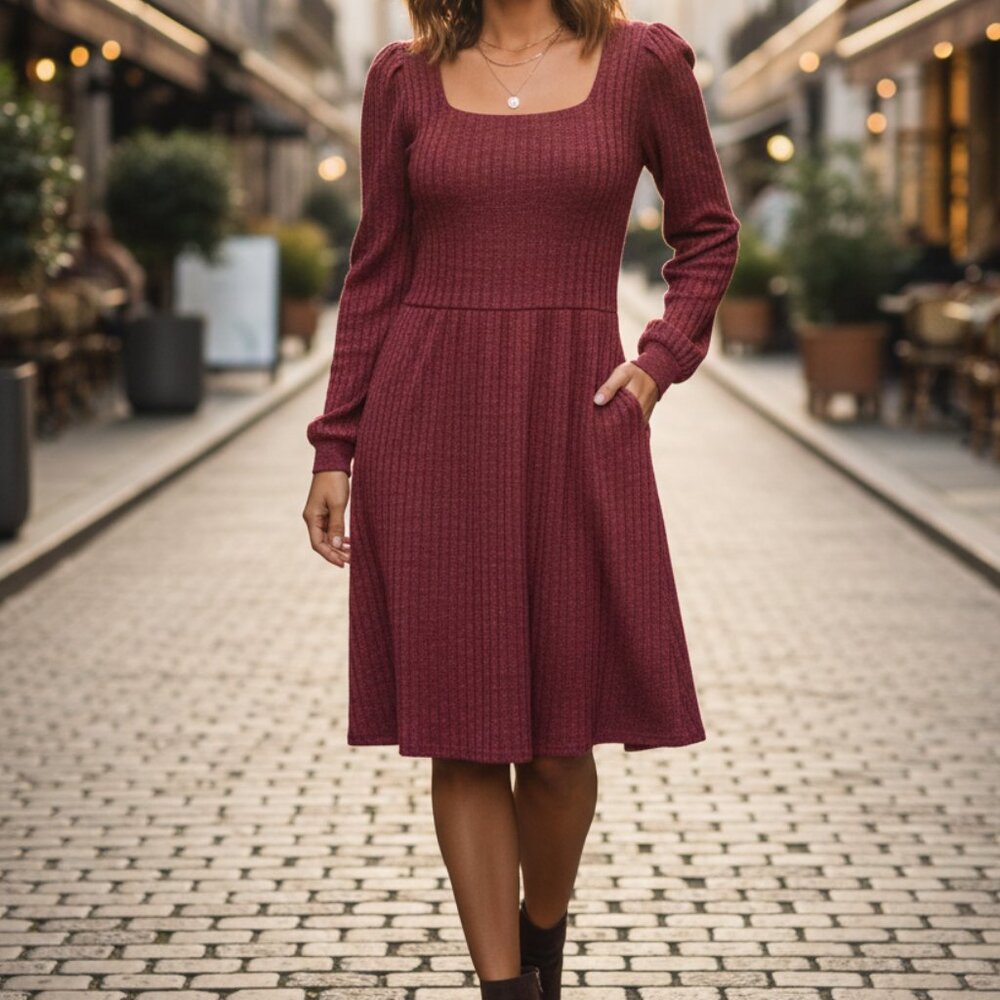 Womens New Dress L Long Sleeve Ribbed Knit Boho Chic Casual Cottagecore Textured
